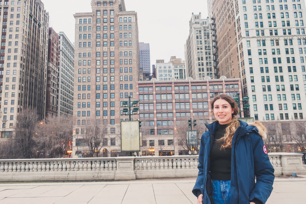 Woman at Millennium Park in winter