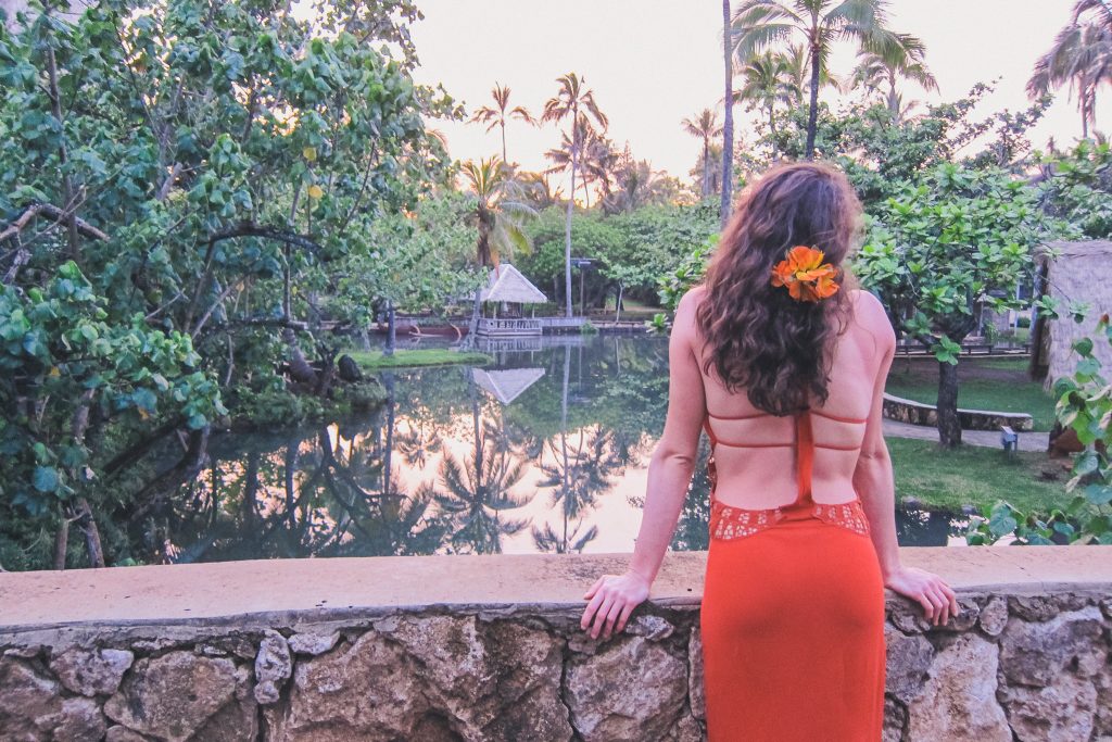 woman at Polynesian Cultural Center around sunset