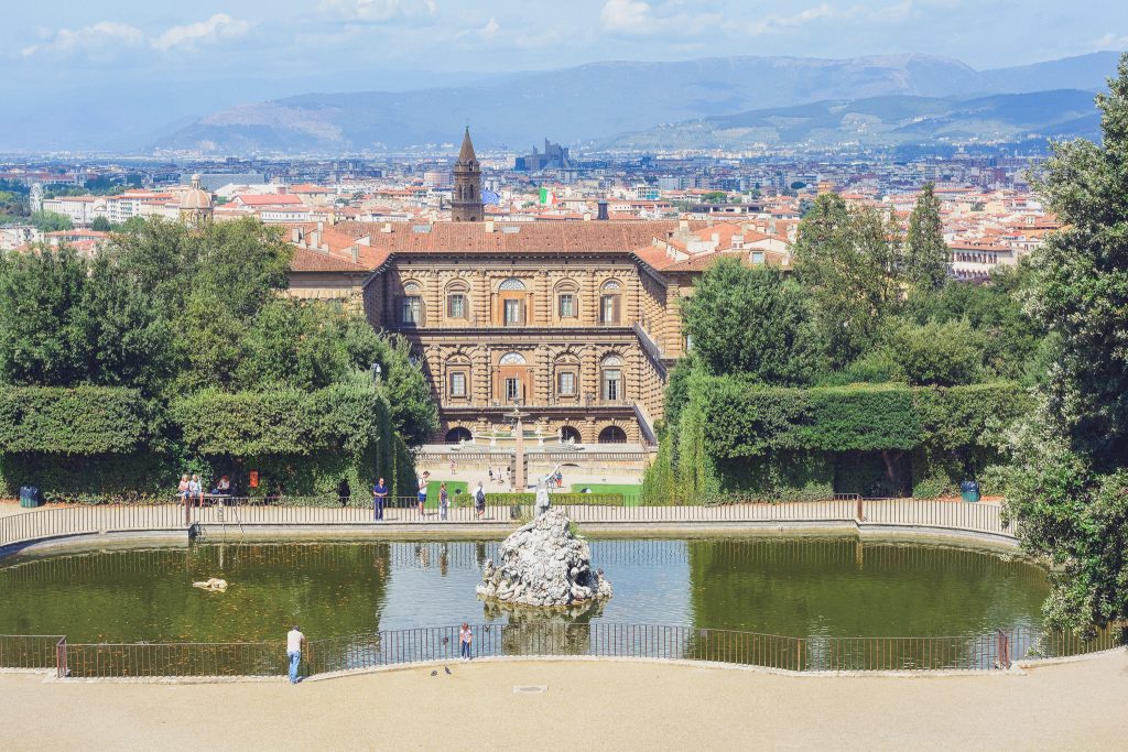 Florence, Tuscany, Italy - September 13, 2017: View from the Boboli Gardens to the Palazzo Pitti of Florence - Italy.