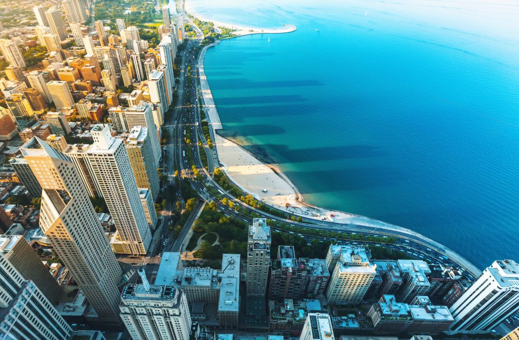 Chicago cityscape with a view of Lake Michigan from above