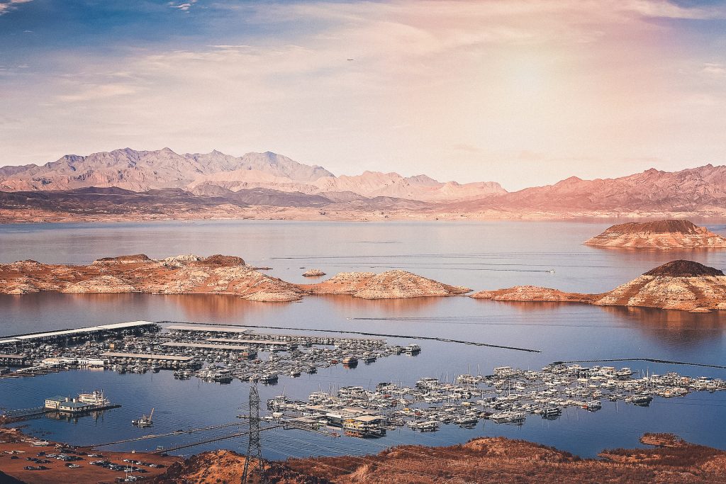 Lake Mead at sunset with many beautiful colors