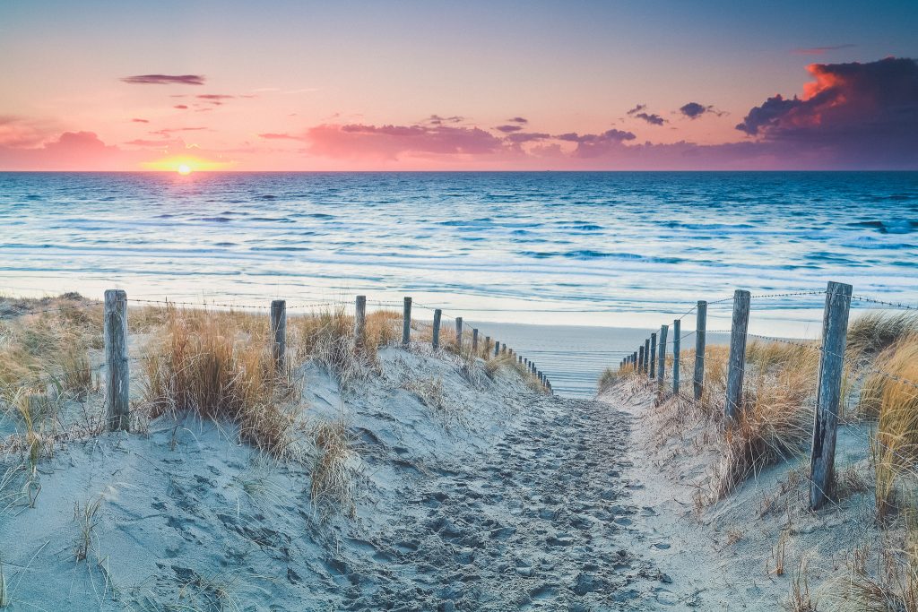 sand path to North sea beach before sunset, Holland