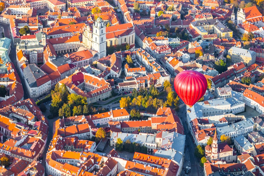 Hot air balloon flying over Vilnius. Lithuania