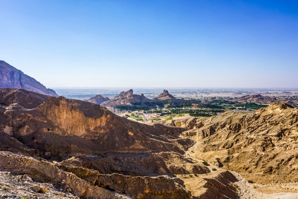 Al Ain Jabal Hafeet Picturesque Mountain Peaks View with Blue Sky Background