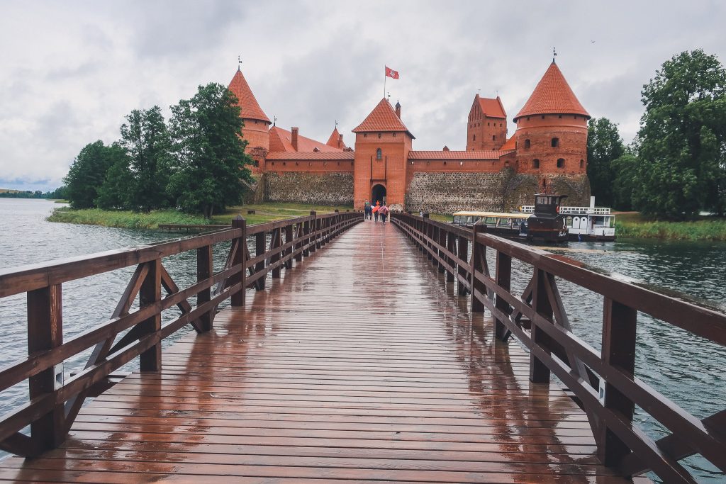 Trekiai Island Castle in Lithuania on rainy day