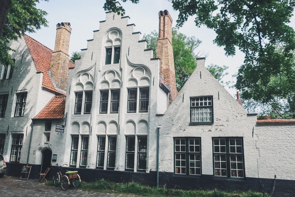 beguinage in Bruges, facades of beautiful white town-homes 