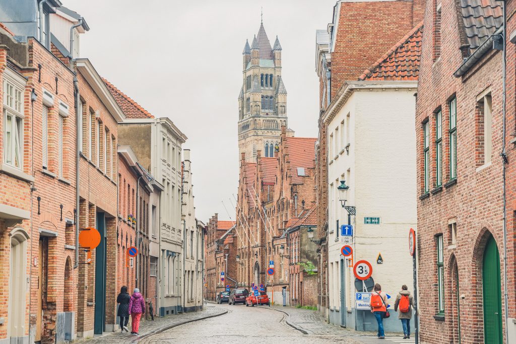 Brugge, APR 28: Beautiful street view with St. Salvator's Cathedral of the city on APR 28, 2018 at Brugge, Beligum