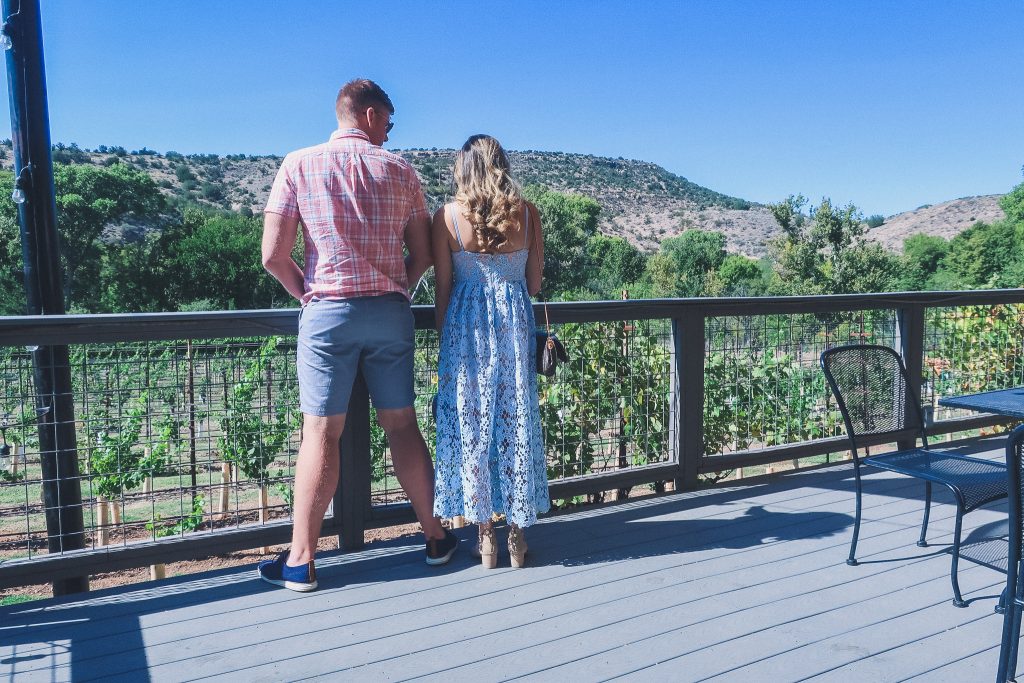 girl and boy stand and look at vineyards in sedona