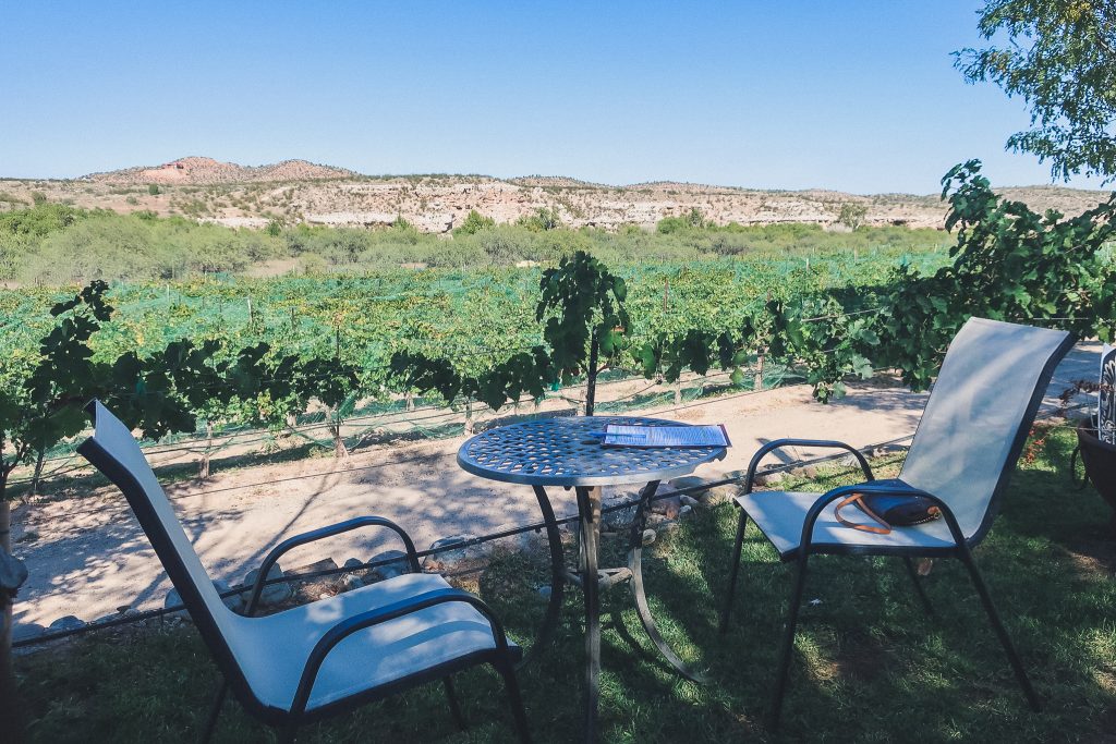 Alcantara Vineyards and Winery, table and chairs look on to vineyards