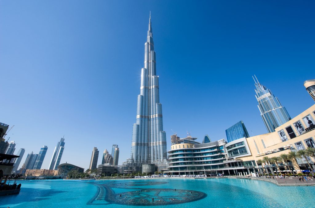 DUBAI, UNITED ARAB EMIRATES - JAN 02, 2018: The Burj Khalifa in the center of Dubai is the tallest building in the world with 828 meters high.
