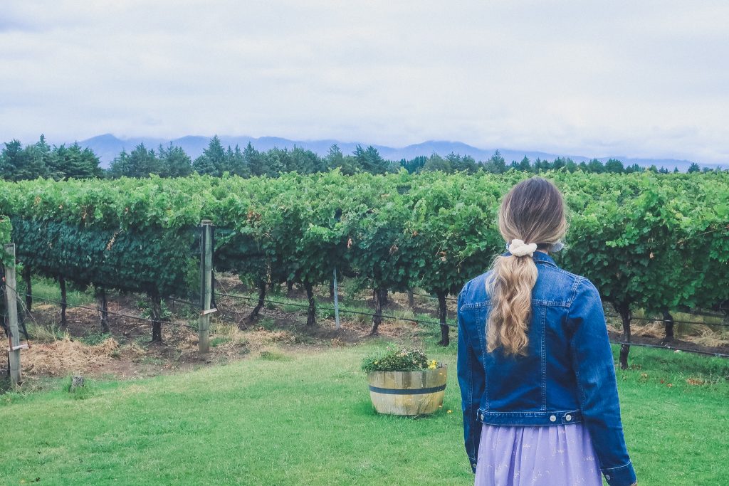 woman looks out on to Uco Valley vineyards at Andeluna Winery on a cloudy day