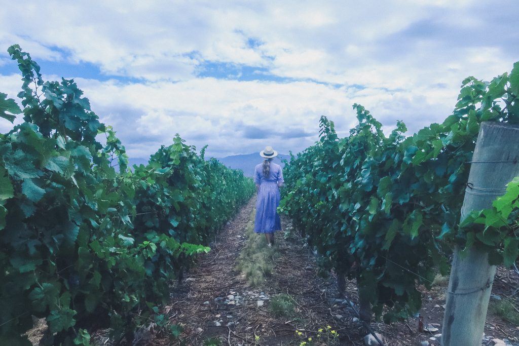 woman walks through vineyards in Uco Valley Argentina