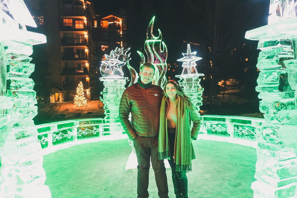 couple in Vail, CO in Ice castle 