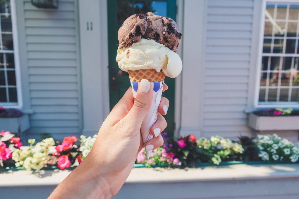 yummy ice creak cone with cake batter and chocolate Oreo scoops from the Juice Bar in Nantucket