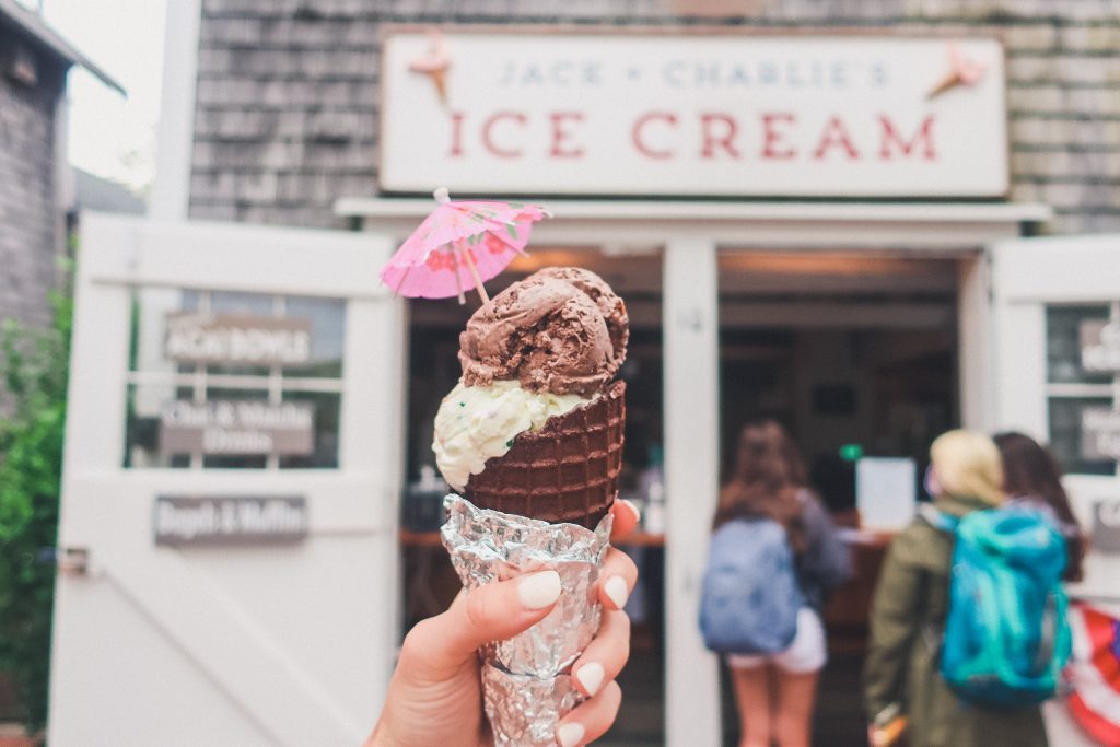 beautiful ice cream cone with cocktail umbrella at Jack & Charlie's Ice Cream Nantucket