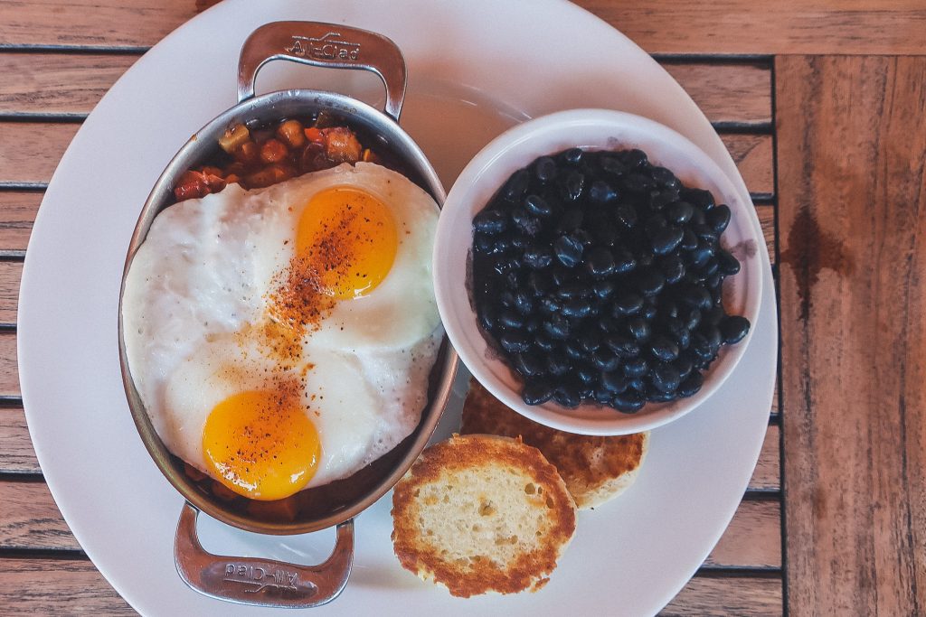 scrumptious eggs breakfast with beans from Island Kitchen in Nantucket