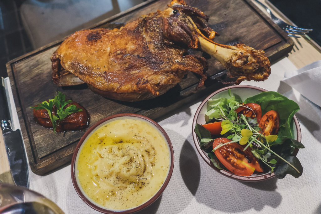 dinner of Patagonian lamb with potatoes and side salad