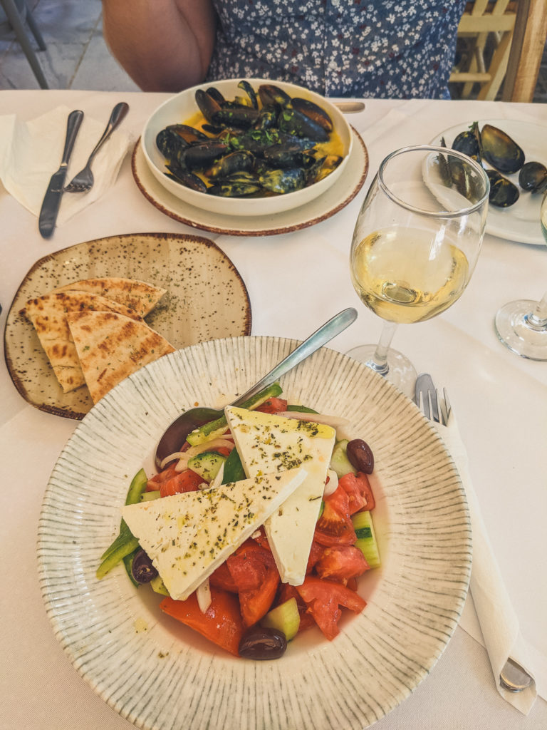 Greek Salad, Greek white wine, pita, mussels 