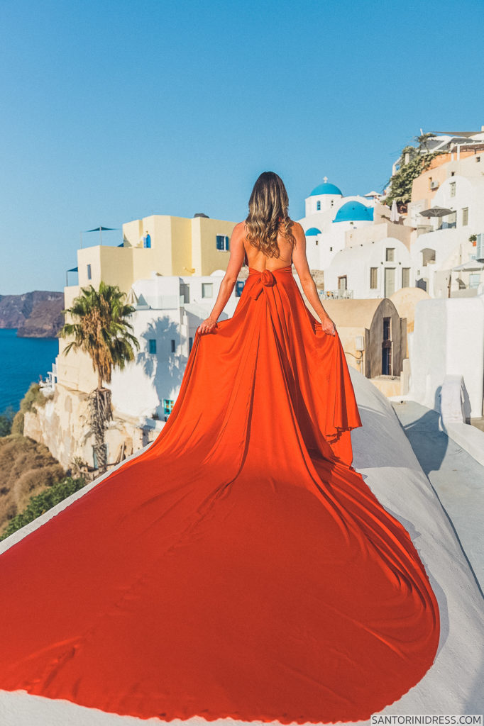 woman in Oia Santorini with Santorini Dress